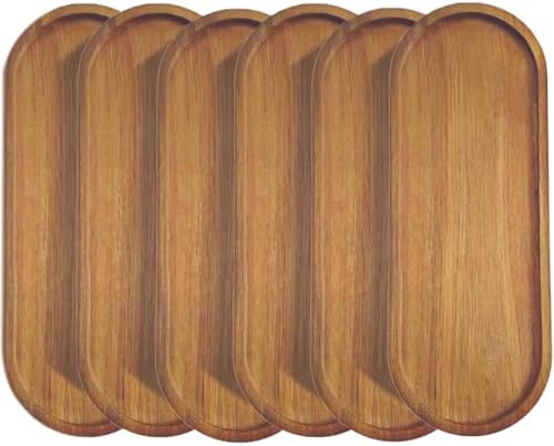Solid Wood Serving Platters and Trays of Natural Wood with Edge,Rectangular Avoid Sliding and Spilling Food (Acacia Oval Platters 6 Pack) by Linwnil