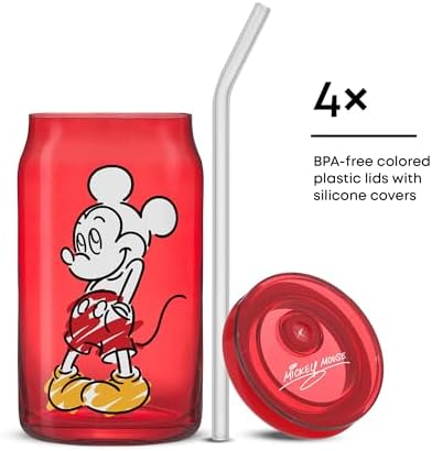 JoyJolt Disney Mickey Mouse and Friends Color Sketch Glass Tumblers with Lids and Straws, 16oz Glass Cups with Lids and Straws, Can Shaped Drinking Glasses Set of 4, Disney Gifts for Adults - Image 4