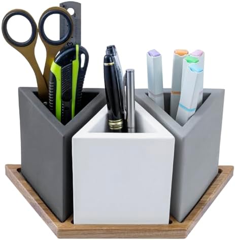 MyGift Modern Concrete Desk Organizer Set with 3 Triangular Gray-Tone Pen Holders and Acacia Wood Tray, 4-Piece Office Storage Solution for Pens, Pencils, and Supplies by MyGiftHome