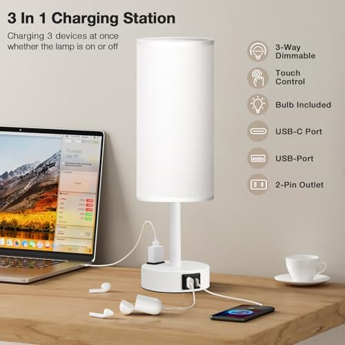 Fenmzee White Bedside Lamp for Bedroom, Dimmable Touch, USB A+C, AC Outlet - Image 2