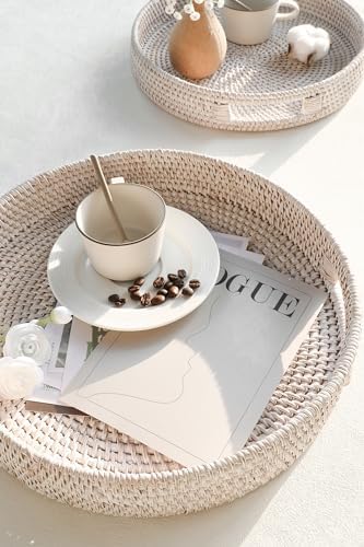 HITOMEN 14.2" Hand-Woven Round Rattan Serving Tray Decorative Ottoman Wicker Platter with Handles for Coffee Table, Breakfast, Drinks, Snack, Bread, Fruit, Vegetables (Whitewash-L) - Image 5