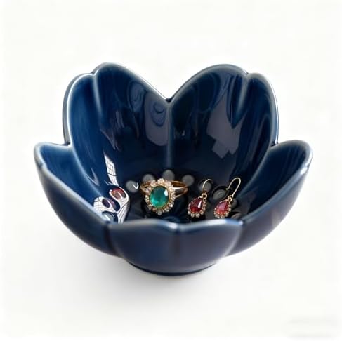 Blue Flower Ring Dish Jewelry Tray, Ceramic Jewelry Dish, Small Trinket Tray, Nightstand Bathroom Decor Ring Holder, Jewlery Plate Bowl for Christmas Friendship Birthday Gifts for Women Mom by BESSKON