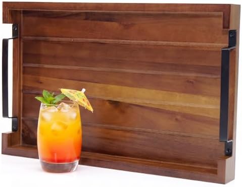 17" x 11" x 2" Acacia Wood Serving Tray with Black Iron Handle - Image 6