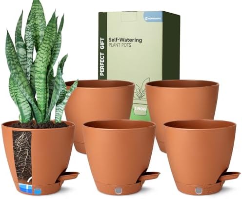 5 Pack 6 Inch Self Watering Planters for Indoor Plants, Automatic Watering Pots for Busy Plant Parents & Vacation, Decorative Modern Flower Pots with Drainage & Saucers (Terra Cotta, 6 inch) by GOPROAUTO
