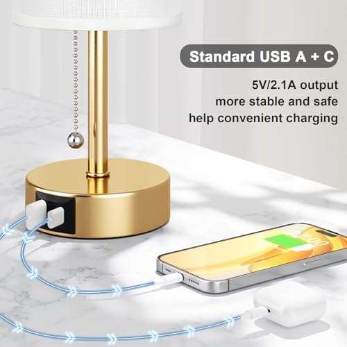 Gold Bedside Lamp for Bedroom Nightstand - Small Table Lamp with USB Ports - Image 6