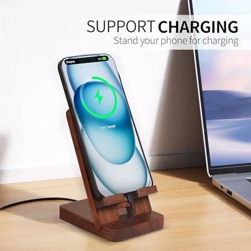 Wood Phone Stand with Mirror, Desktop Wooden Phone Holder, Portable Office Phone Stand for Desk, Wood ipad Stand， Compatible with iPhone & All Cell Phones (Walnut) - Image 3