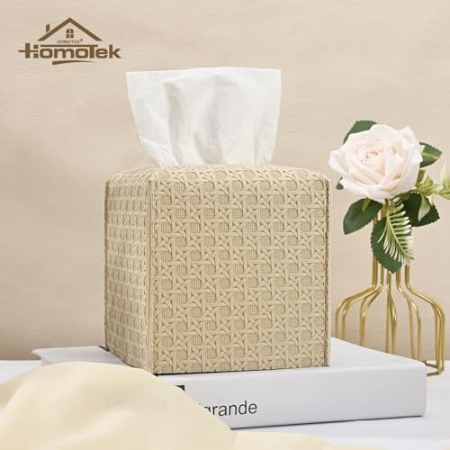 HOMOTEK 1 Pack Tissue Box Cover, Square PU Leather Tissue Holder, Decorative Facial Tissue Cube Paper Organizer Dispenser for Bathroom, Night Stands, Desk, Car 5X5X5'' - Rattan Weave, Beige - Image 3