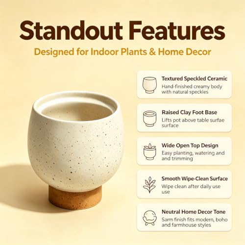 5.5 Inch Cream Speckled Ceramic Planter Pot, Indoor Plant Pot with Tan Base for Home Decor - Image 3