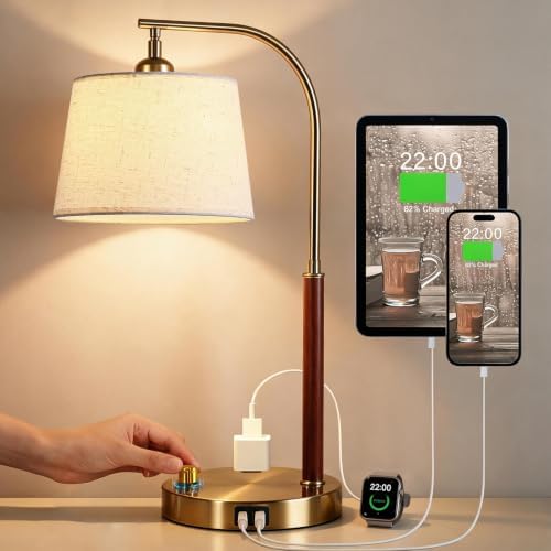 Vintage Table Lamp with USB Ports & AC Outlet, Solid Wood Desk Lamp by Unknown