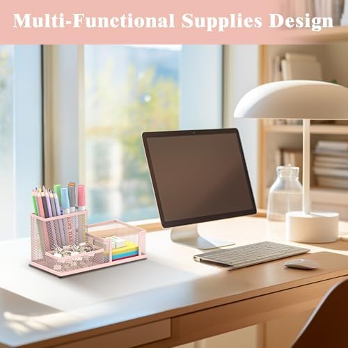 SUPEASY Mesh Pen Holder Desk Organizer, Office Supplies Pencil Storage with 3 Compartments, Office Desk Accessories and Workspace Organizers for Home School Classroom, Pink - Image 6
