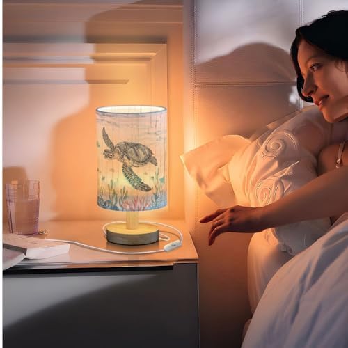 Light Blue Sea Turtle Wooden Background Table Lamp for Bedroom USB Port Lamps Small Accent Table Lamp Nightstand Lamp Study Linen Shade with Wooden Base Lamps for Bedside Reading|Kids|Dorm|Home - Image 7