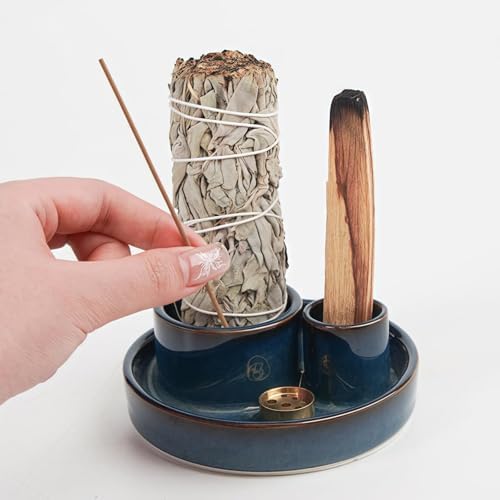 4 in 1 Incense Holder, Ceramic Incense Stick and Palo Santo Holder,Sage Holder for Burning- 4.25" Ceramic Ash Catcher Tray for Meditation and Yoga Room (Blue) - Image 5