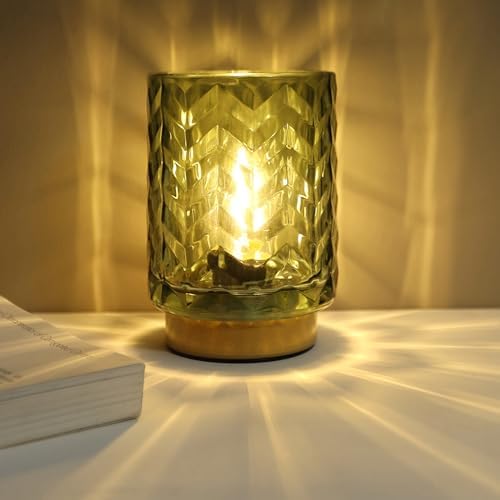 LUSHARBOR Battery Operated Table Lamp, Small Green Glass Lamp Bedside Decor Ambient, Cordless Table Lamp for Bookshelf Desk Living Room Entryway Dorm Wave Design-Green by LUSHARBOR