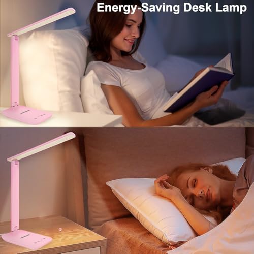 White crown LED Desk Lamp Dimmable Table Lamp Reading Lamp with USB Charging Port, 5 Lighting Modes, Sensitive Control, 30/60 Minutes Timer Pink (Pink, First-Generation) - Image 4