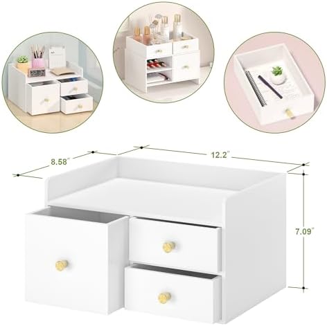 Bamboo Desk Organizer - Stackable, No Assembly Required, Ideal for Office/Home Use - Perfect for Toiletries, Stationery, Accessories. (White, Square drawer to the left of the fence) - Image 2