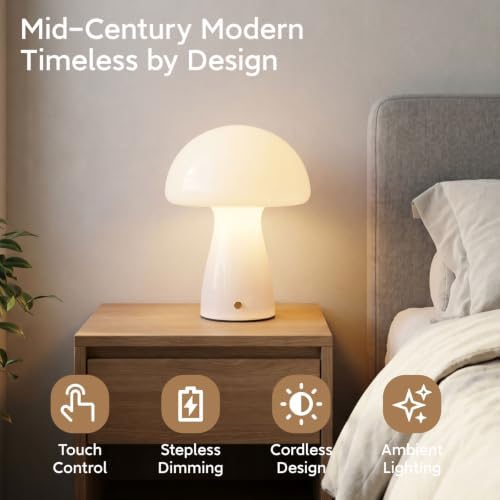 Mushroom Table Lamp, Cordless Table Lamp, Rechargeable & Dimmable, White - Image 2