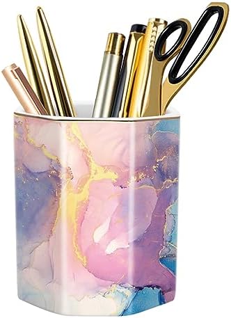 Pen Holder for Desk, Cute Ceramic Pencil Holder, Pen Cup Marker Holder Makeup Brush Holders, Desk Accessories & Workspace Organizers for Office, Home, Gold by WAVEYU