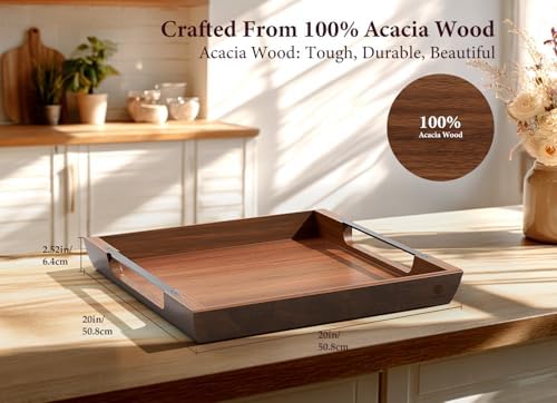 Large Ottoman Tray, 20in Square Acacia Wood Serving Tray with Handle - Image 3