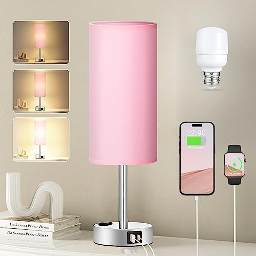 Fenmzee Pink Bedside Lamp for Bedroom, Dimmable Touch, USB A+C, AC Outlet by Fenmzeelighting