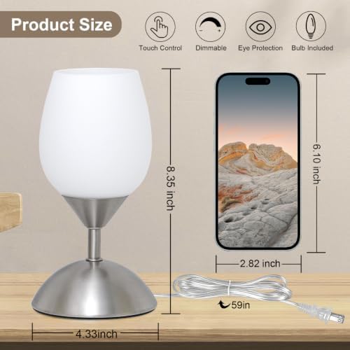 Small Touch Lamp for Bedroom Nightstand, 3-Way Dimmable Bedside Lamps Opal Glass Desk Lamp Silver Base, Tiny Table Lamp for Small Spaces Ambient Lighting for Living Room, E12 Bulb Included - Image 3