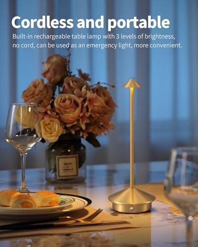 Modern Cordless Table Lamp Set of 2, Gold Portable LED Desk Lamps - Image 2