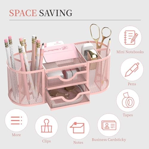 SUPEASY Mesh Desk Organizer, Pen Holder for Desk with 2 Drawers, Pink - Image 4
