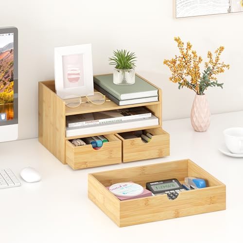 Bamboo Desk Organizer with Drawers, Desktop Storage Box for Office Supplies - Image 5