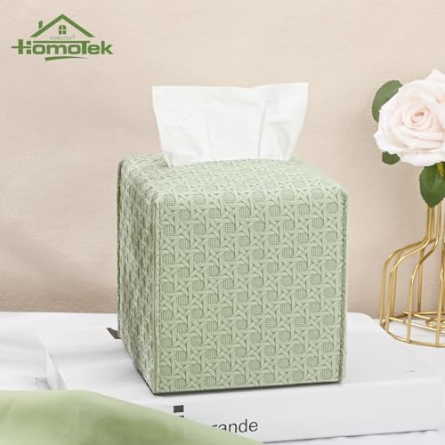 HOMOTEK 2 Pack Tissue Box Cover, Square PU Leather Tissue Holder, Decorative Facial Tissue Cube Paper Organizer Dispenser for Bathroom, Night Stands, Desk, Car 5X5X5'' - Rattan Weave,Mint Green - Image 4