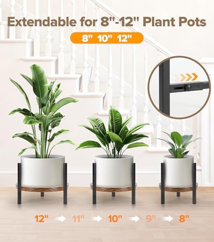 Plant Stand Indoor Adjustable with Walnut Wood Tray, Metal Modern Indoor Plant Stand, Heavy Duty Plant Stands Outdoor Corner, Stable Plant Holder, Fits 8 to 12 Inches Pots, Black, 1 Pack - Image 3