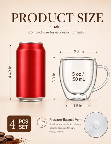 5oz Double Walled Glass Coffee Mugs with Handles, Set of 4 - Image 3