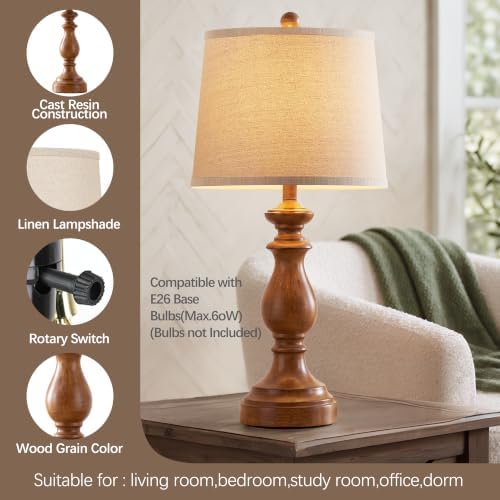 PARTPHONER Traditional Table Lamp Set of 2, Rustic Farmhouse Table Lamps for Living Room Bedroom, 27" Bedside Desk Lamps Vintage Nightstand Lamps with Linen Shades, Wood Grain - Image 4