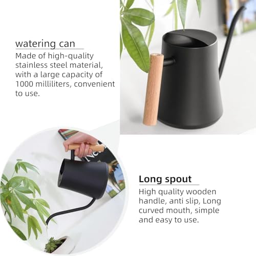Indoor Watering Can with Long Spout, 34oz Capacity, Black Metal with Wood Handle (Black-W1) - Image 5