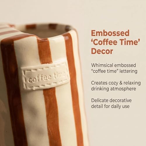 Novelty Ceramic Coffee Mug Designed to Look Like a Gift Box, 10oz Retro Hand-Painted Ceramic Travel Mug (Brown Stripes) - Image 5