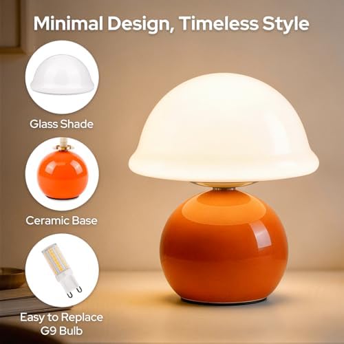 Glass Mushroom Lamp, Dimmable Bedside Table Lamp (Orange) - Image 6
