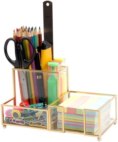 Desk Organizer with 3-Compartments,Glass Small Desk Organizer for Pens Pencils Business Cards Sticky Notes Paper Clips,Gold Stylish Pen Holder for Desk Home Office Decor by Shonmogar