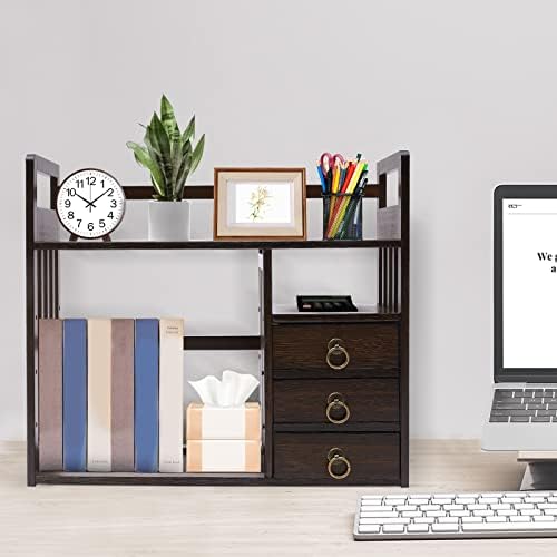 Wood Desktop Bookshelf Bamboo Bookshelf Organizer Desk Rack Storage Shelves w/3 Drawers Office for Top of Desk, Desk Hutch Desktop Book Shelf Home Office Bedroom Sturdy, Brow - Image 4