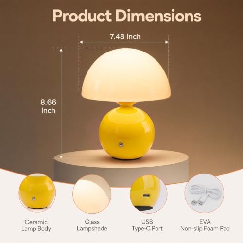 Senzoy Glass/Ceramic Mushroom Table Lamp, Yellow Bedside Night Lamp - Image 4