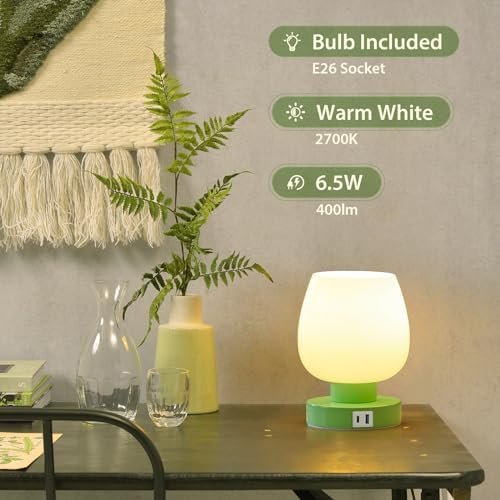 ONEWISH Touch Bedside Table Lamp with USB Charging - 3 Way Dimmable Small Glass Lamp for Bedroom, 2700K LED Bulb Included, Green, 2 Packs - Image 4