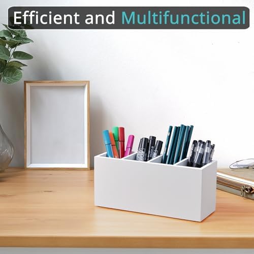 Bivvclaz Pencil Pen Holder for Desk, Wooden Office Desk Organizers and Accessories with 4 Slots for Countertop, Makeup Brush Holder Organizer for Bathroom Vanity, Silverware Caddy for Party, White - Image 2