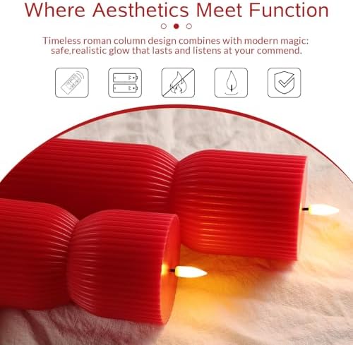 Red Ribbed Flameless Pillar Candles with Remote Set of 2 - Image 4