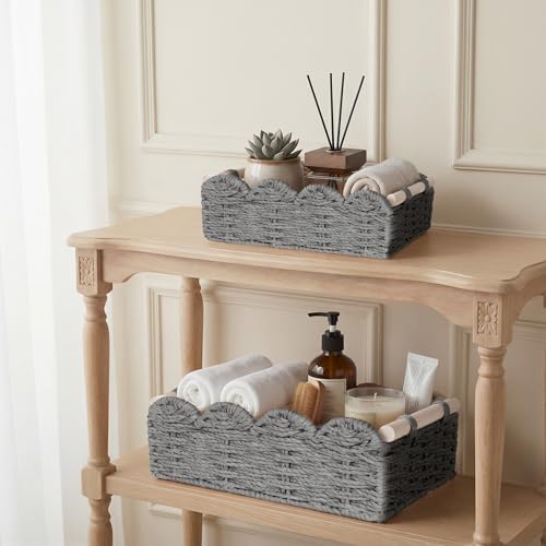 iEGrow Paper Rope Small Storage Baskets for Organizing, Set of 2 Scalloped Edge Wicker Basket with Wooden Handles Toilet Paper Basket for Over Toilet Storage Shelf, Home Decor, Living Room (Grey) - Image 6