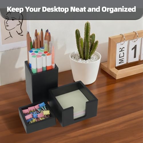 RAWILL 3 PCS Black Wooden Desk Organizer Set Pine Wood Office Desk Accessories with Pen Holder, Paperclip Storage and Sticky Note Holder, Wood Grain Clear, Ideal Gift for Office and Family (Black) - Image 6