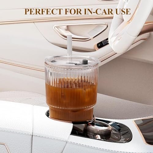 Glass Cups with Lids and Straws, 20oz Ribbed Glass Tumbler for Iced Coffee, Clear Drinking Glass with Reusable Glass Straw, Leak-Resistant Lid, Fit for Cup Holder, Dishwasher Safe - Image 5