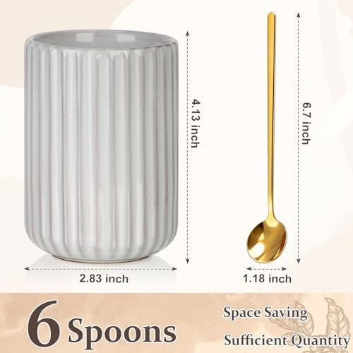 6 Pcs 6.7 Inches Gold Coffee Spoons with Stoneware Striped Utensil Holder Tea Spoons Long Handle Coffee Stirrer Spoon Set for Coffee Bar Tea Party - Image 2