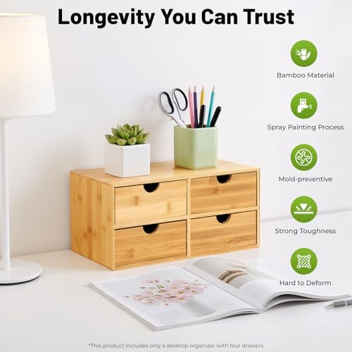 Gdrasuya10 Bamboo Desk Organizer, Drawer Tabletop Storage Organization Box for Office Home Toiletries Supplies, No Assembly Required (4 Drawer) - Image 2