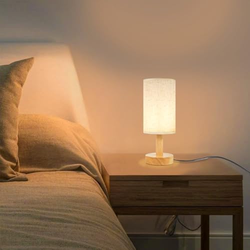 Small Bedside Table Lamp for Bedroom,Natural Round Wood Base&Fabric Linen Shade,Cozy Night Table Light for Study Reading,Minimalist Boho Desk Lamp for Nightstand,Living Room,Nursery,Kitchen,Dorm - Image 2