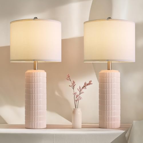 PoKat 27.5" Pink Ceramic Table Lamps for Girls Room Set of 2, Modern Bedroom Lamps, Bedside Lamps for Night Stands Living Room, Cute Lamps Pink Decor, Nightstands Desk Nursery by Pokat