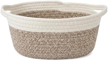 Small Cotton Rope Basket - White Woven Storage Basket with Handles, Desktop Organizer for Keys, Remotes, Makeup, Soft Decorative Bin for Bathroom, Office Shelf (White/Hemp Brown) by QYMXHZE