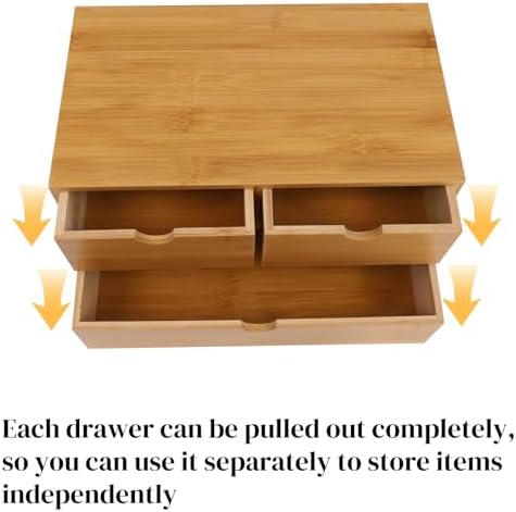 Small Desk Drawer Organizer, Bamboo Mini Desktop Drawer, Wood Tabletop Storage Organizer Box for Office Home Dormitory Toiletries Cosmetics Supplies, No Assembly Required (3 Drawers) - Image 6