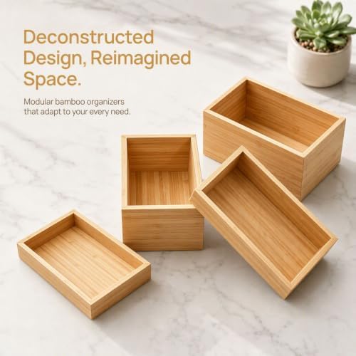 4-Pack Bamboo Drawer Organizer, Stackable Desk Storage Trays - Image 4